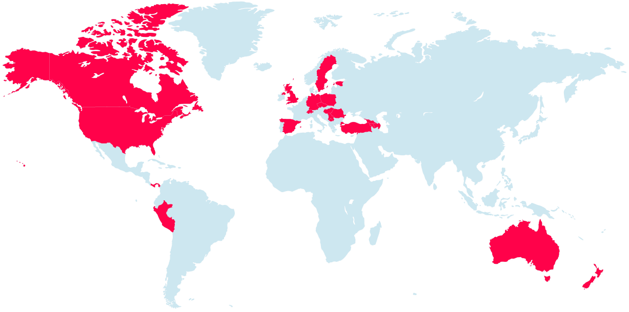 A world map with the active countries marked with red